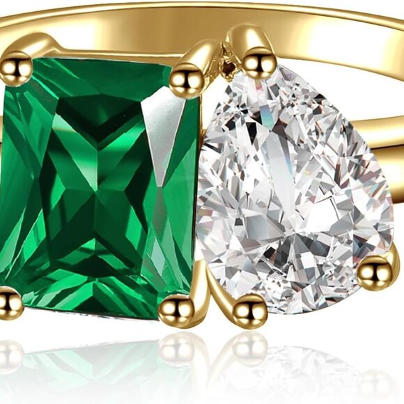 Women’s 2.75ct Gold Plated Toi Et Moi Engagement Ring Silver Green Zirconia - Picture 2 of 7